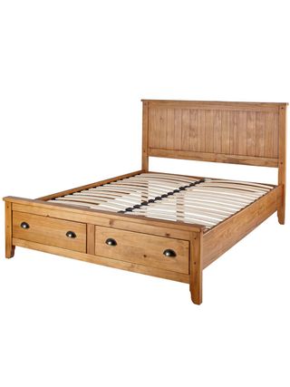 Rustic wooden storage bed with 2 drawers with metal handles and sprung slatted base