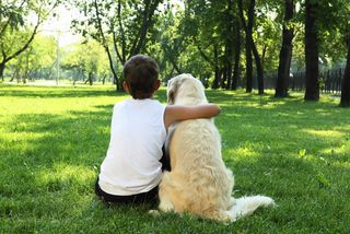 A boy and his dog sit in a field.