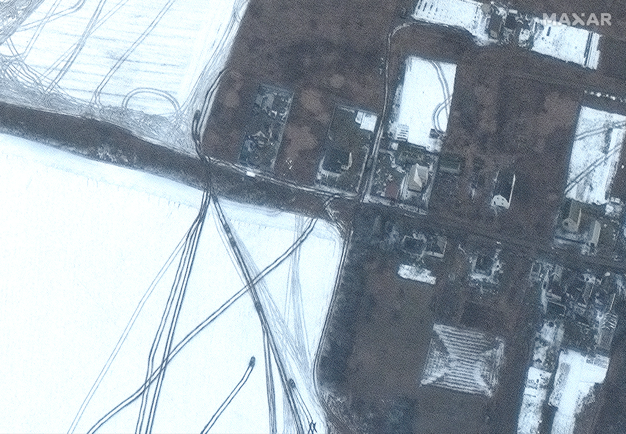 This close up offers a zoomed-ni view of the armored vehicles moving in Hostomel, Ukraine northeast of Antonov Airport on March 8, 2022.