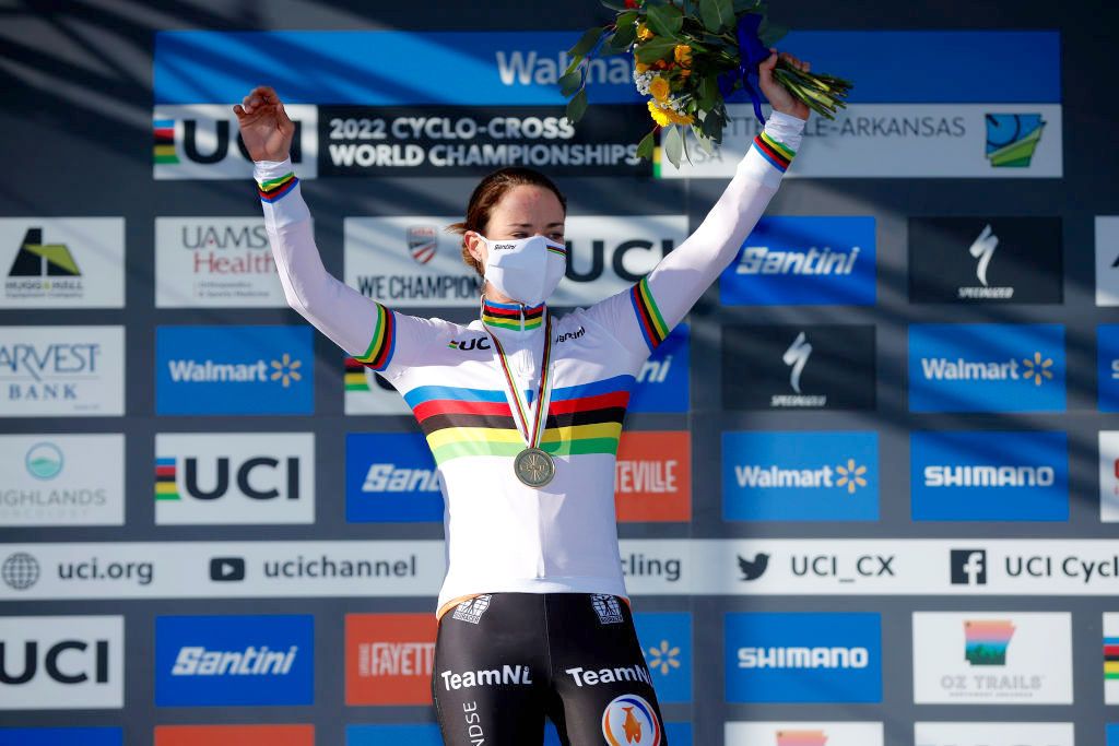 FAYETTEVILLE, ARKANSAS - JANUARY 29: Gold medalist Marianne Vos of Netherlands celebrates during the medal ceremony after the 73rd UCI Cyclo-Cross World Championships Fayetteville 2022 - Women's Elite / #Fayetteville2022 / on January 29, 2022 in Fayetteville, Arkansas. (Photo by Chris Graythen/Getty Images)