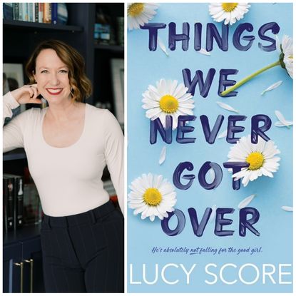 a split image of author lucy score posing leaning against a bookshelf and the cover of her novel things we never got over