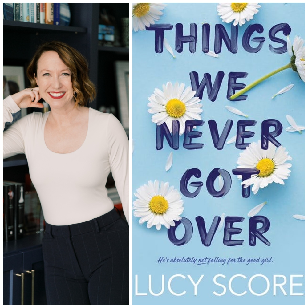a split image of author lucy score posing leaning against a bookshelf and the cover of her novel things we never got over