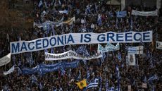 An image of a protest in Athens in 2018 against the name change of Macedonia.