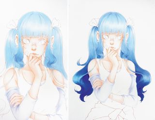Concept character hair built up with different shades of blue