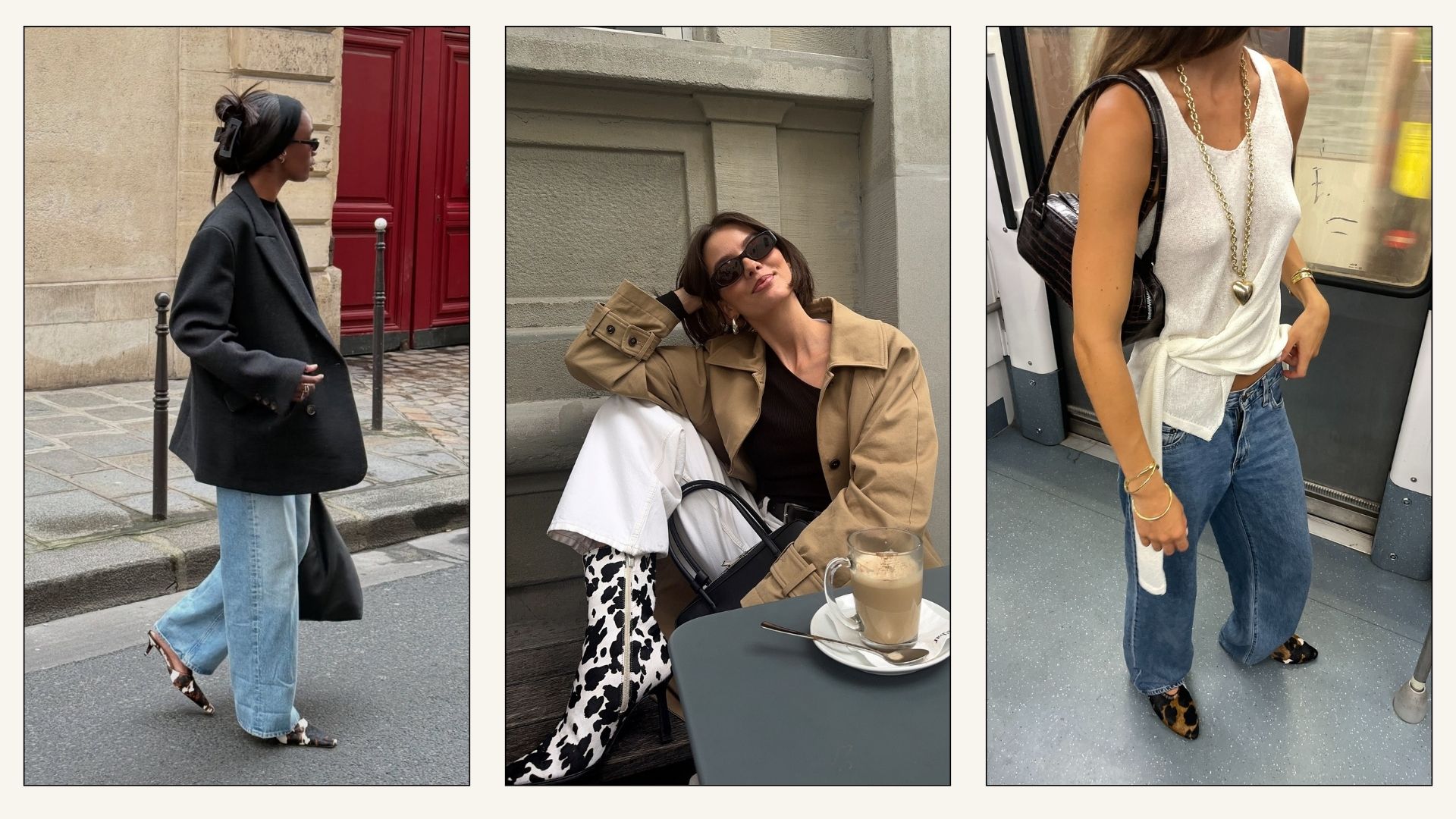 Collage of influencers wearing pony hair shoes with jeans.