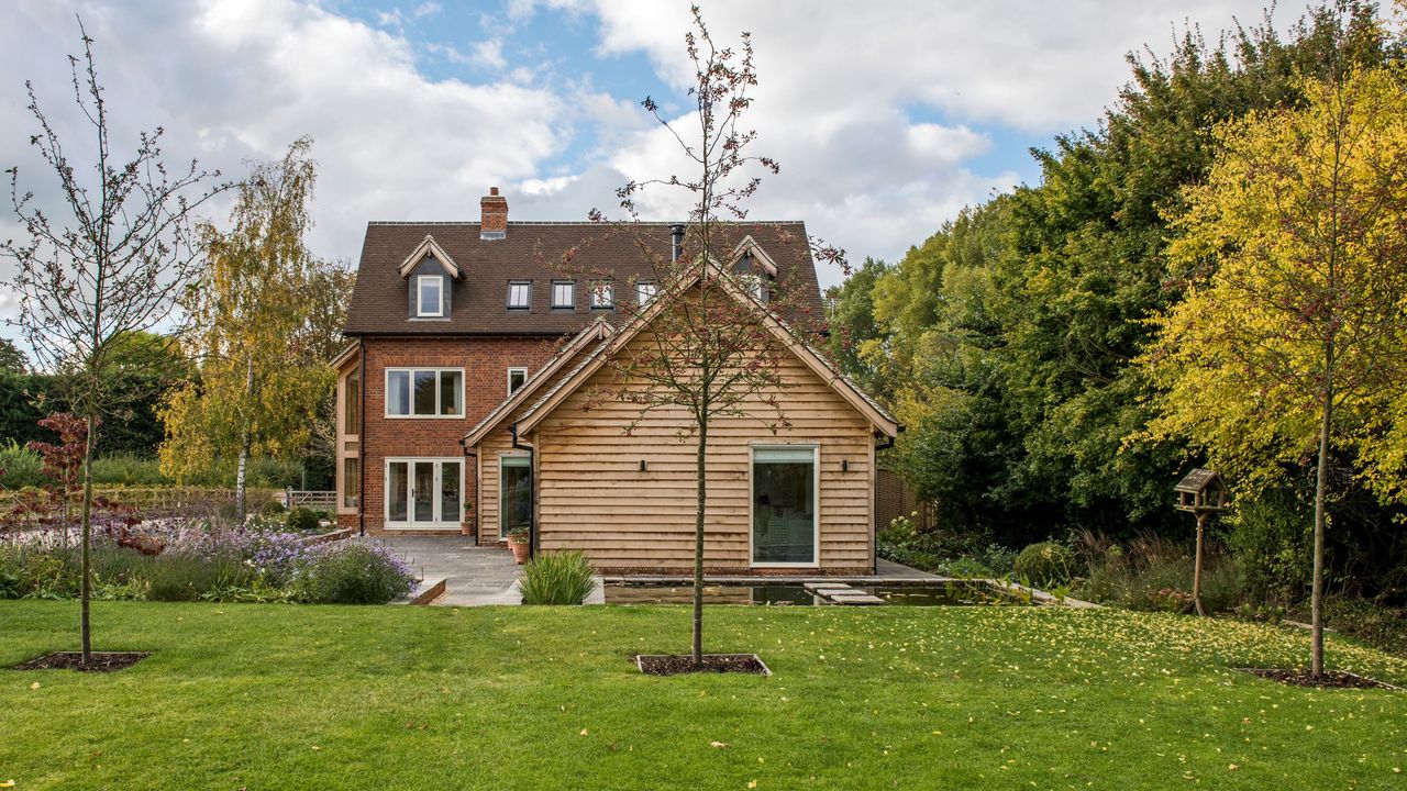 Leafless trees planted on grass lawn next to house