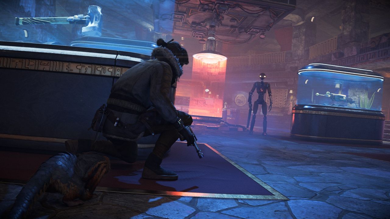 Kay and Nix take cover and hide from an approaching droid in Star Wars Outlaws