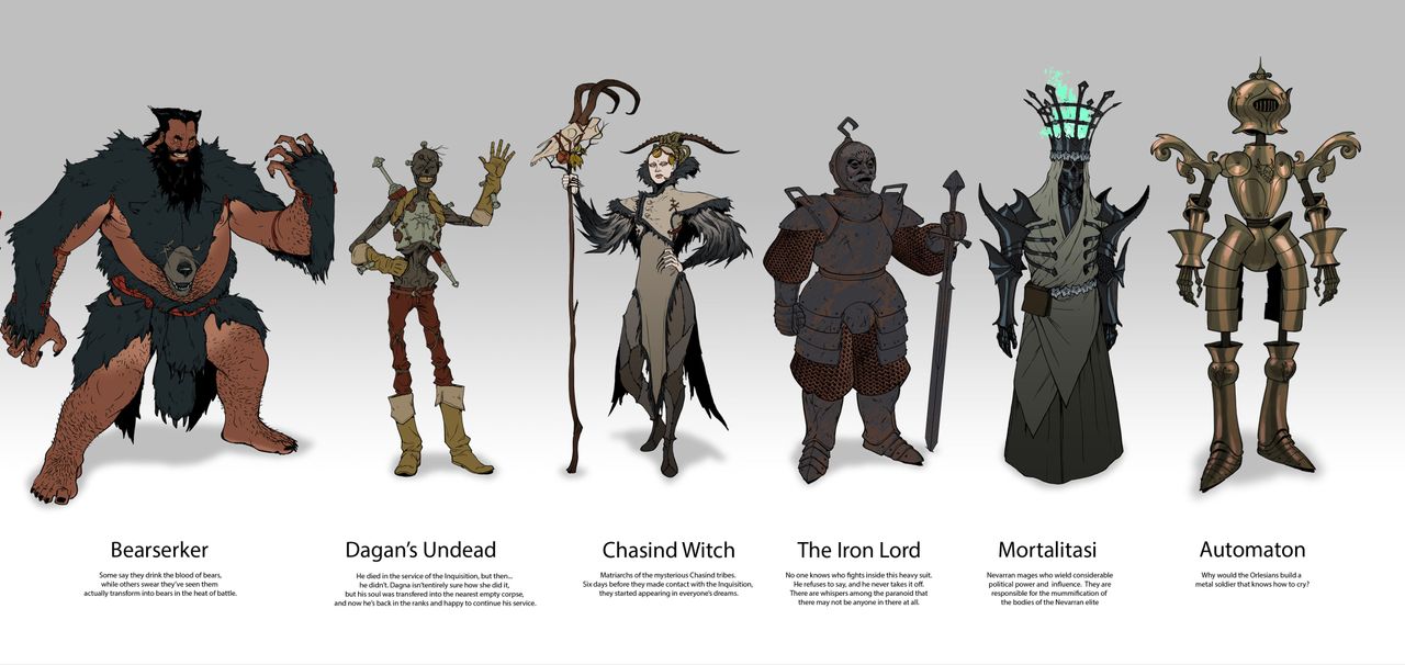 Character concepts for Dragon Age, including a "Bearserker," armored knight, and Orlesian automaton