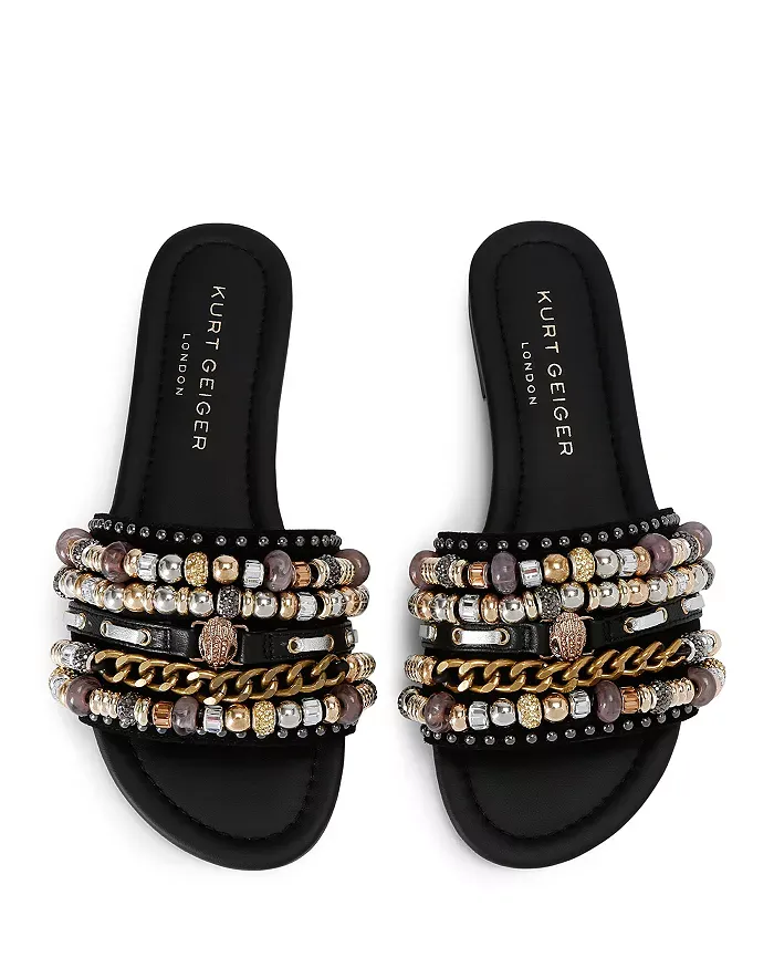 Round-toe slide sandals with bead embellishments.