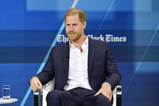 Prince Harry speaking at the NY Times dealbook summit sitting in a chair wearing a blue suit