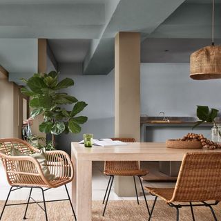 blue kitchen and dining area with painted ceiling