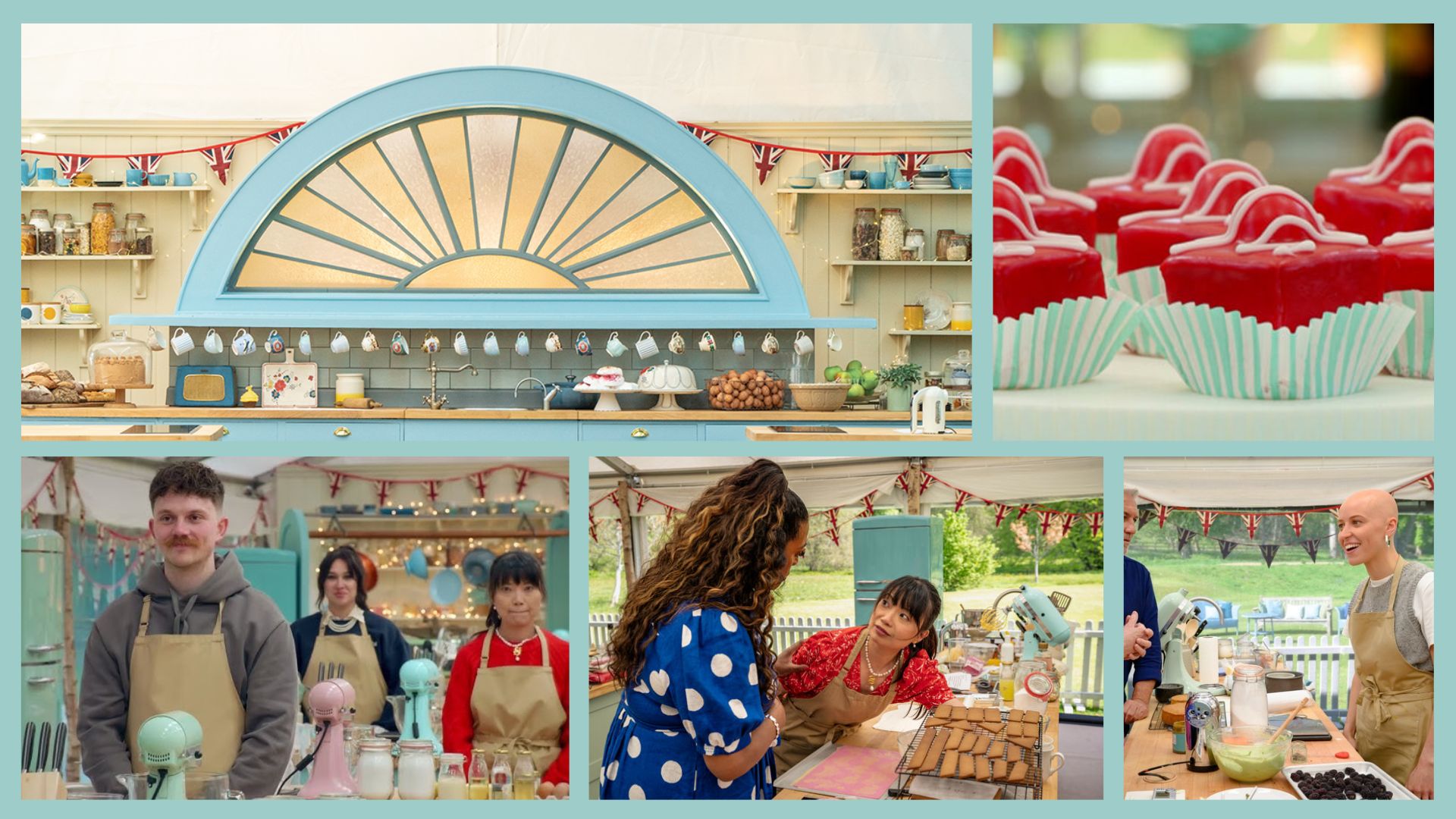 Images from The Great British Bake Off tent, including contestants, fondant fancies, and stand mixers
