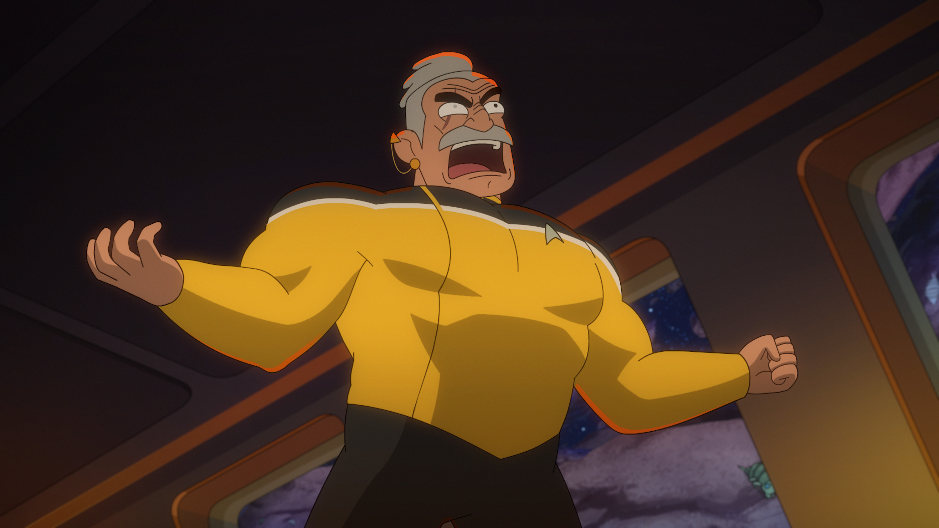 A burly Starfleet officer in a yellow uniform, screaming with his arms spread wide.