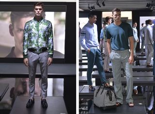Two side-by-side photos of male models wearing looks from Brioni's collection. In the first photo the model is wearing a green patterned jacket, grey trousers and black shoes. There is a large screen in the background showing a man's face. In the second photo there is a model wearing a dark teal top, light coloured trousers and sandals. There is a bag next to him on the floor and several other models in the background
