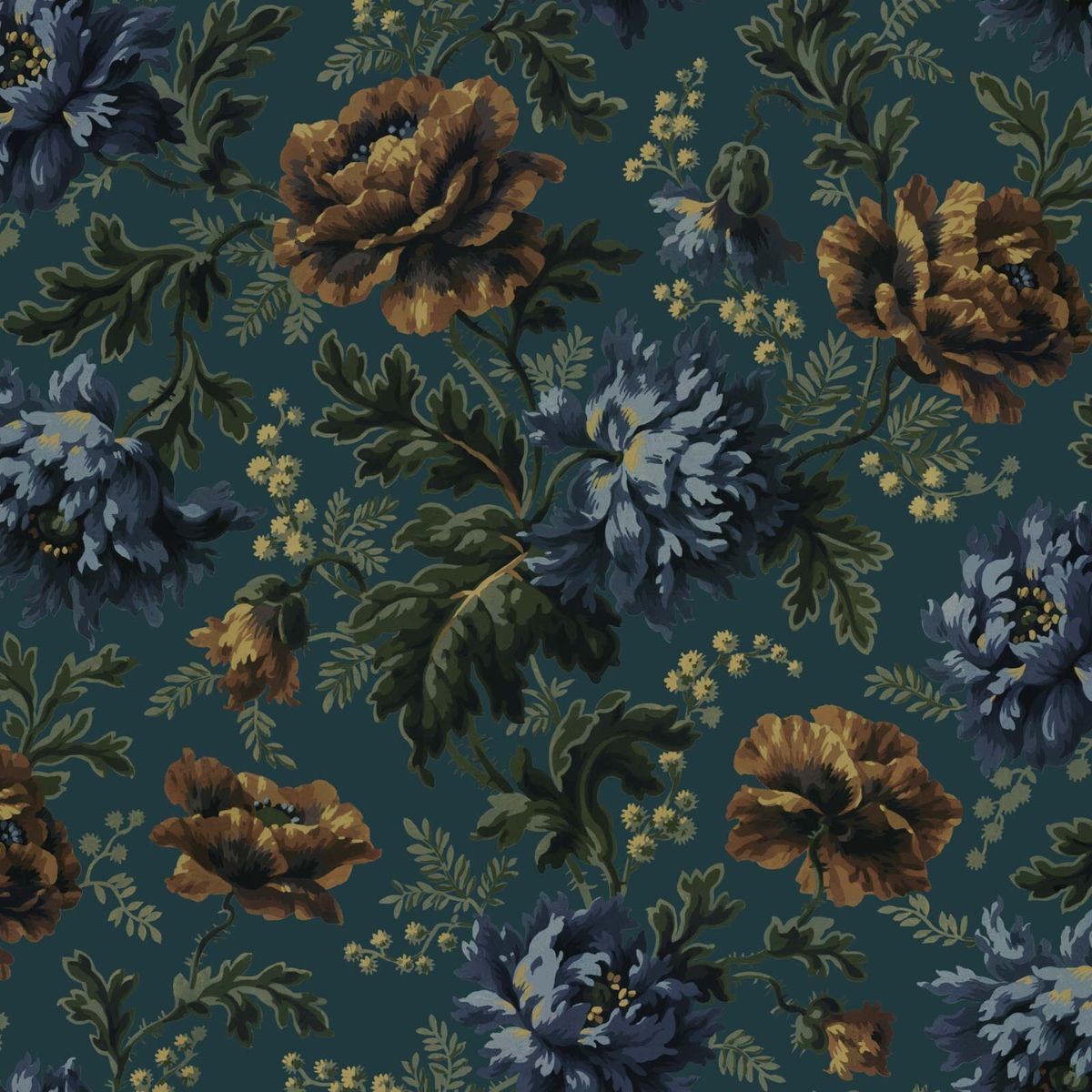 Floral blue and brown wallpaper by House of Hackney