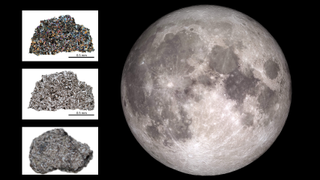 three images of meteorites inset next to the moon