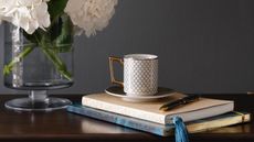 Espresso cup and saucer on pile of books