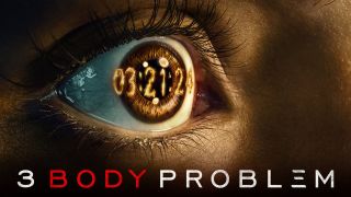 a wide-open eye has the numbers "03.21.24" superimposed on top of it in fiery letters above the text "3 body problem"