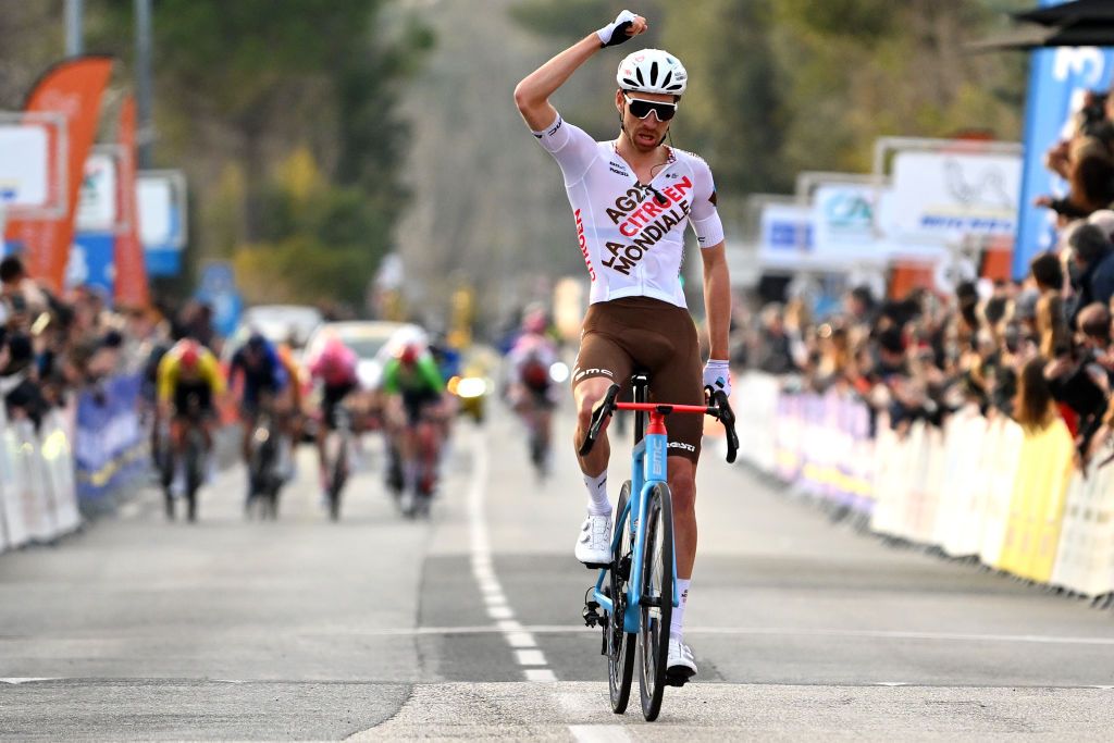VENCE FRANCE FEBRUARY 19 Aurlien ParetPeintre of France and AG2R Citron Team celebrates at finish line as stage winner during the 55th Tour Des Alpes Maritimes Et Du Var 2023 Stage 3 a 1318km stage from VillefranchesurMer to Vence tour0683 on February 19 2023 in Vence France Photo by Luc ClaessenGetty Images