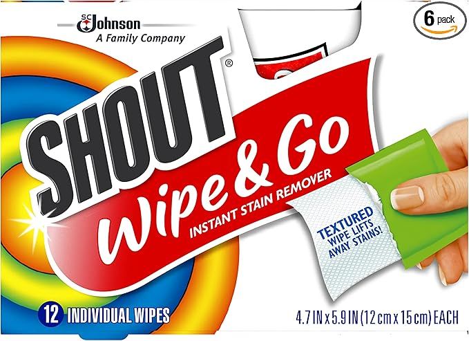 SHOUT, Shout Wipes Stain Remover for Clothes Laundry, Instant Stain Remover and Individually Wrapped, Travel Essentials, Works on Everyday Stains, 12 Wipes Per Carton (6 Cartons)