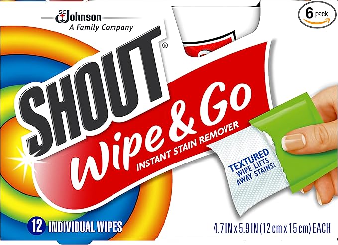 SHOUT, Shout Wipes Stain Remover for Clothes Laundry, Instant Stain Remover and Individually Wrapped, Travel Essentials, Works on Everyday Stains, 12 Wipes Per Carton (6 Cartons)