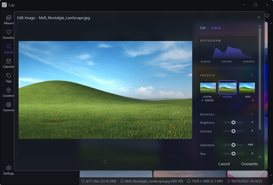 Image editing software displaying a classic, rolling green hill under a blue sky. Editing options like brightness and presets are visible on the right panel.
