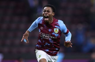 Nathan Tella of Burnley celebrates after scoring the winning goal during the Emirates FA Cup Fourth Round Replay match between Burnley and Ipswich Town at Turf Moor on February 07, 2023 in Burnley, England.