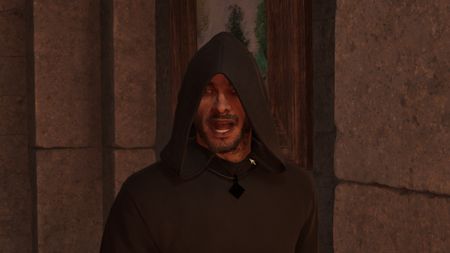 An Elder Scrolls 4: Oblivion Remastered screenshot showing Dark Brotherhood leader Lucien Lachance talking to the player in a dimly-lit inn