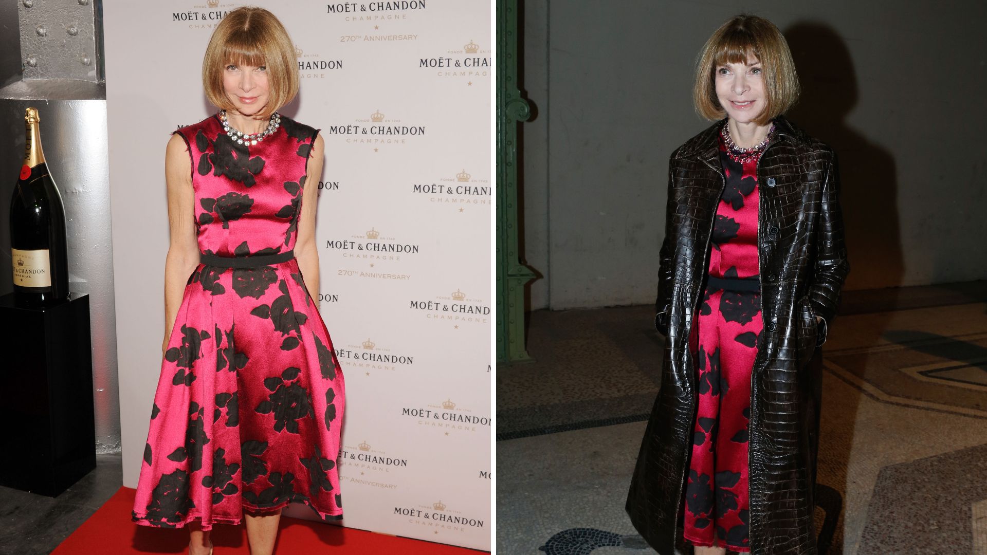 Two photos of Anna Wintour wearing a red and black floral dress