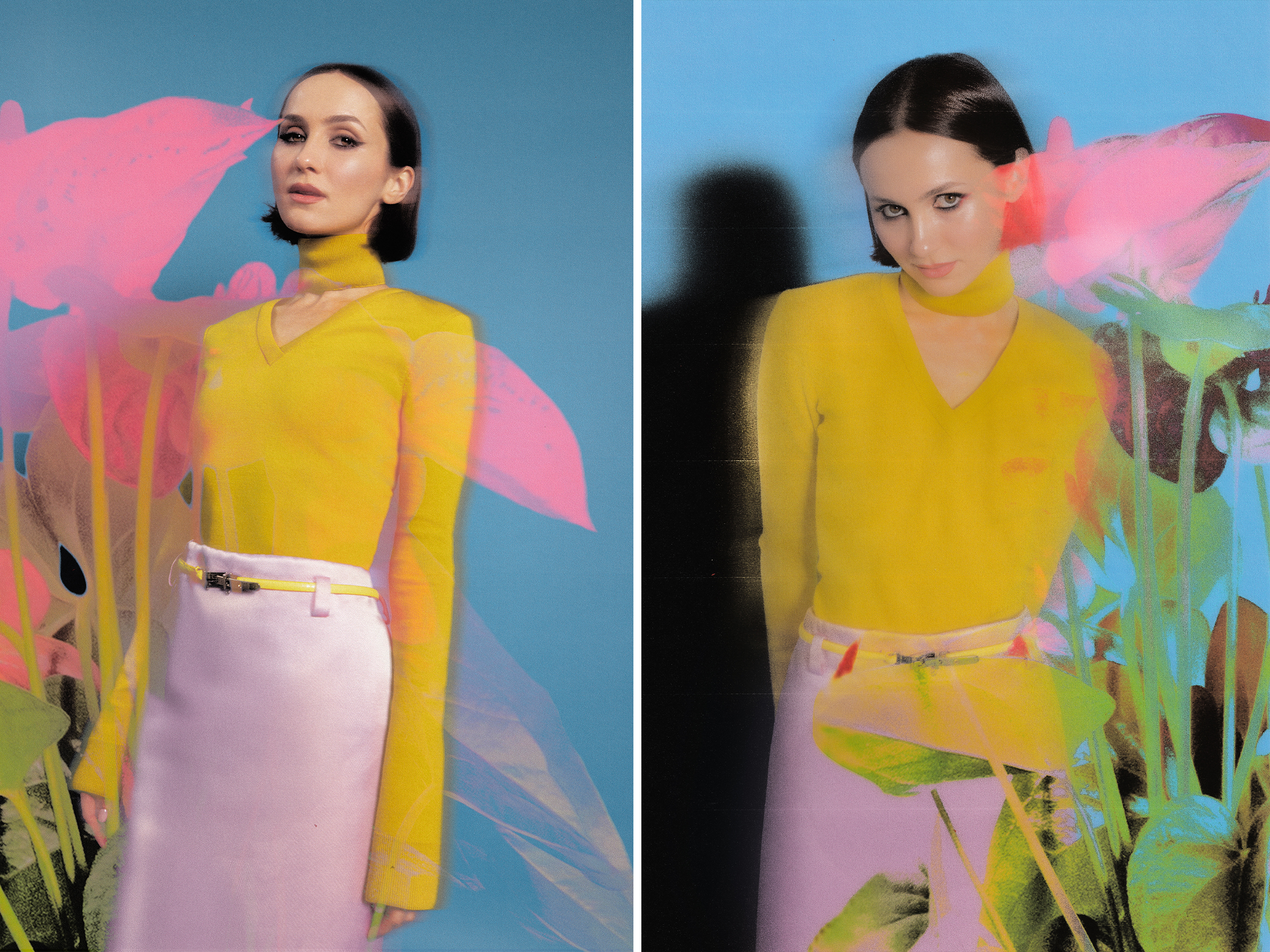 Maude Apatow photographed by Dana Trippe for Who What Wear standing in front of a blue backdrop with a floral overlay.