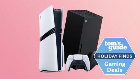 PS5 Pro and Xbox Series X against pink background