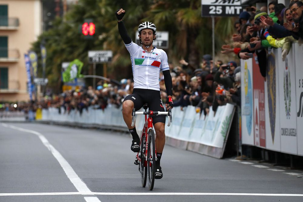 Fabio Felline celebrates his solo victory at the Trofeo Laigueglia