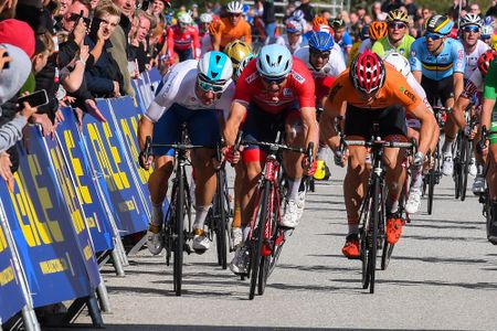 Elia Viviani (Italy) bumps Alexander Kristoff (Norway) in the sprint