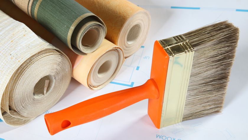 large paintbrush next to rolls of wallpaper
