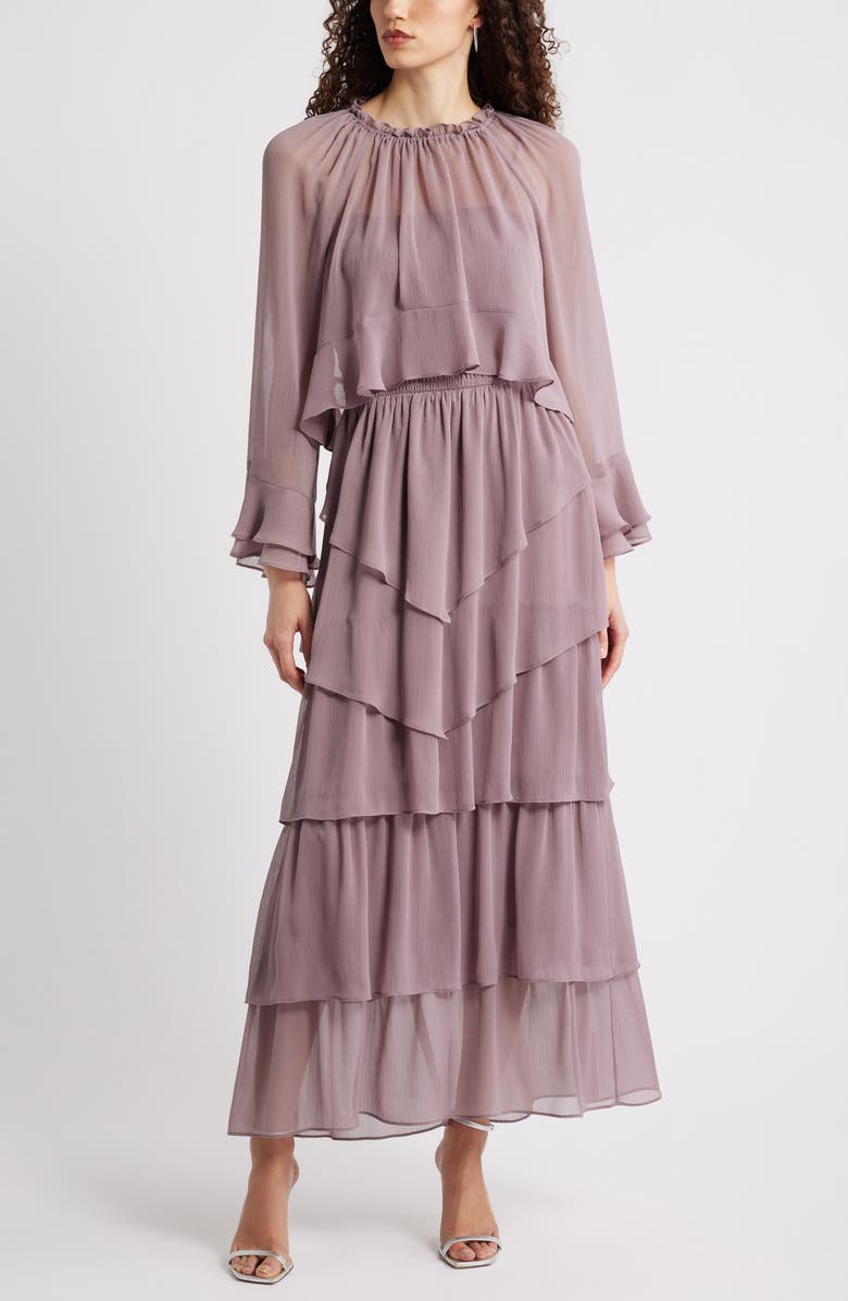 Tiered Ruffle Chiffon Cape Dress