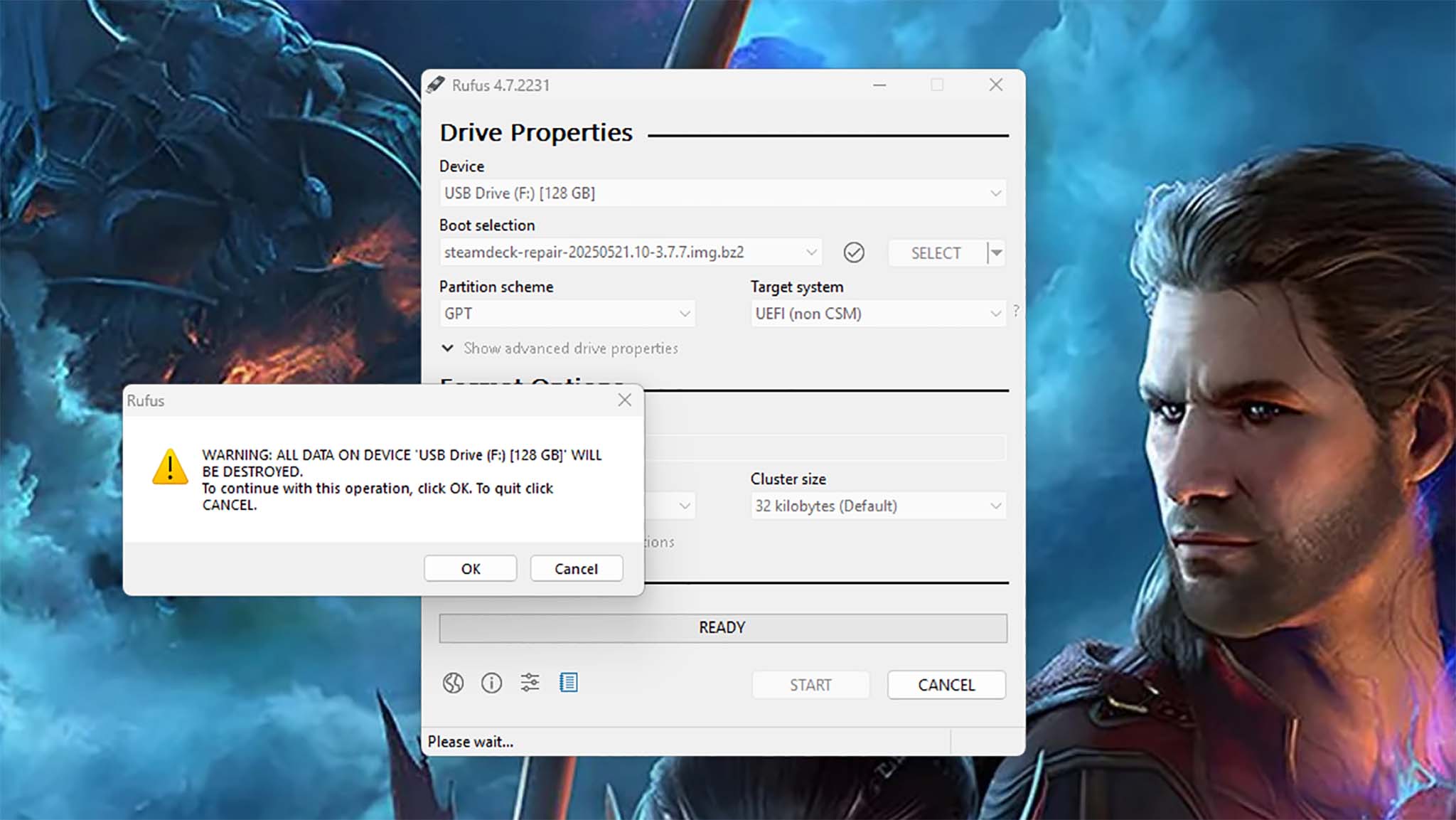 A pop up warning that all data on the USB stick will be destroyed if Rufus creates a bootable SteamOS image.