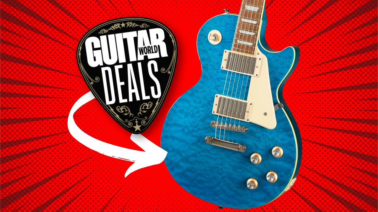 An Epiphone Les Paul Standard 60s electric guitar on a red background