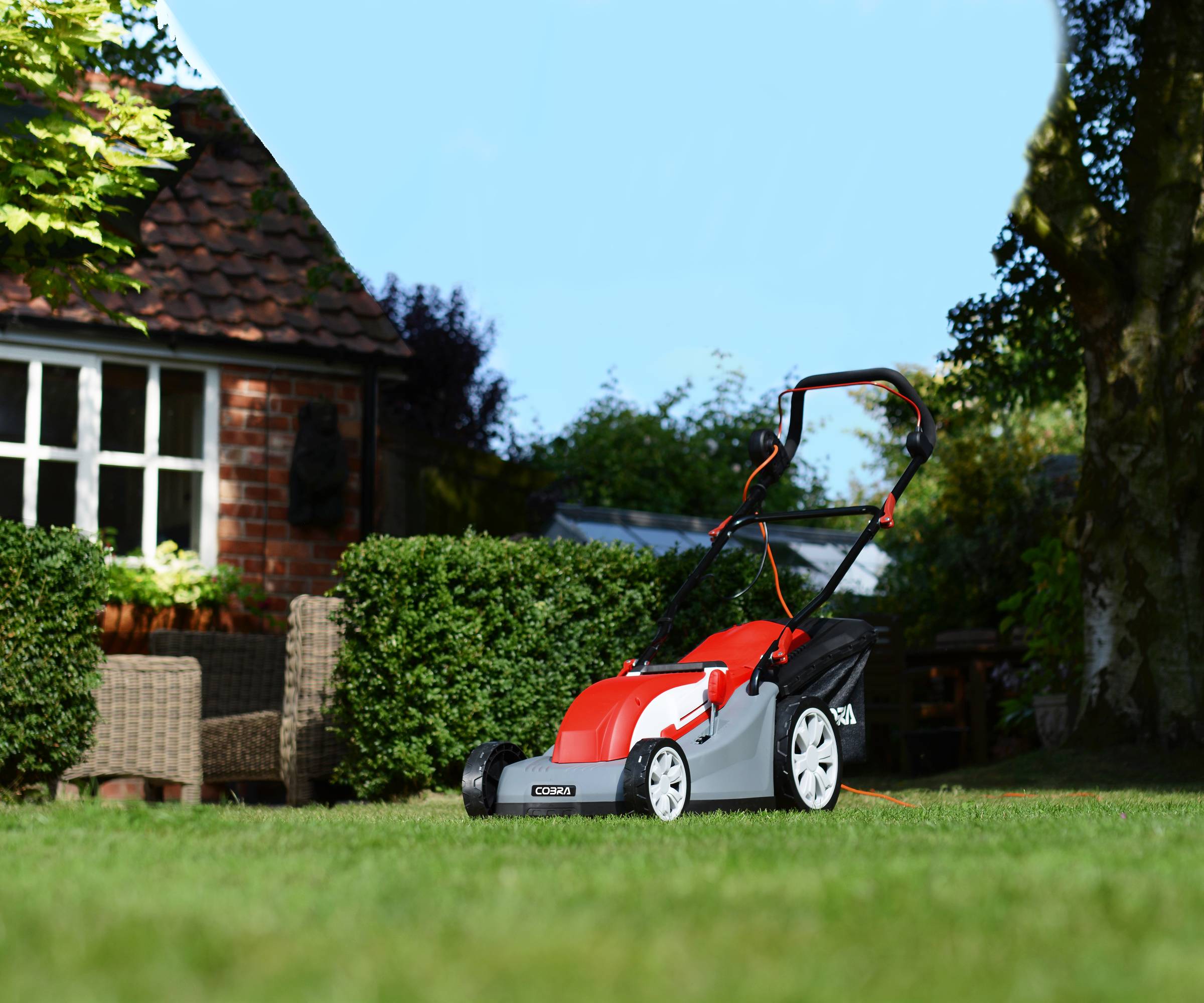 Cobra mulching lawn mower on lawn