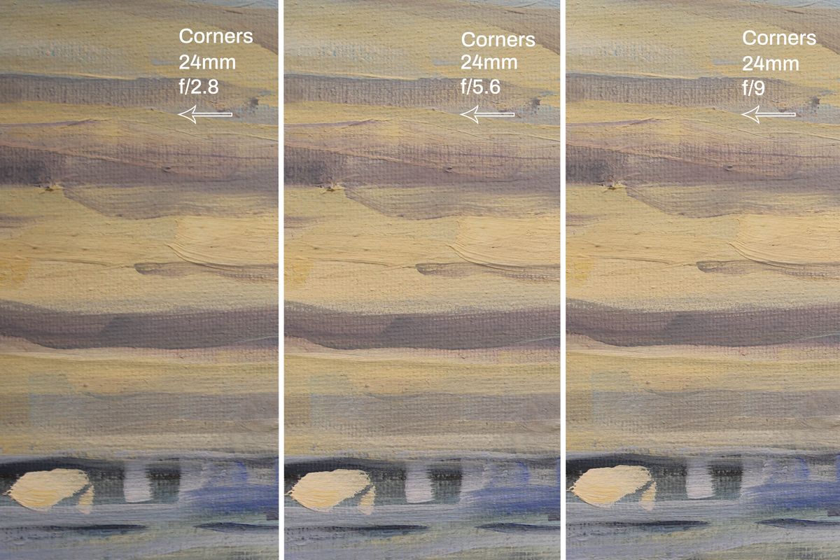 The same image three times in a row shot at different apertures to show the difference in sharpness, each image is labeled with text and an arrow