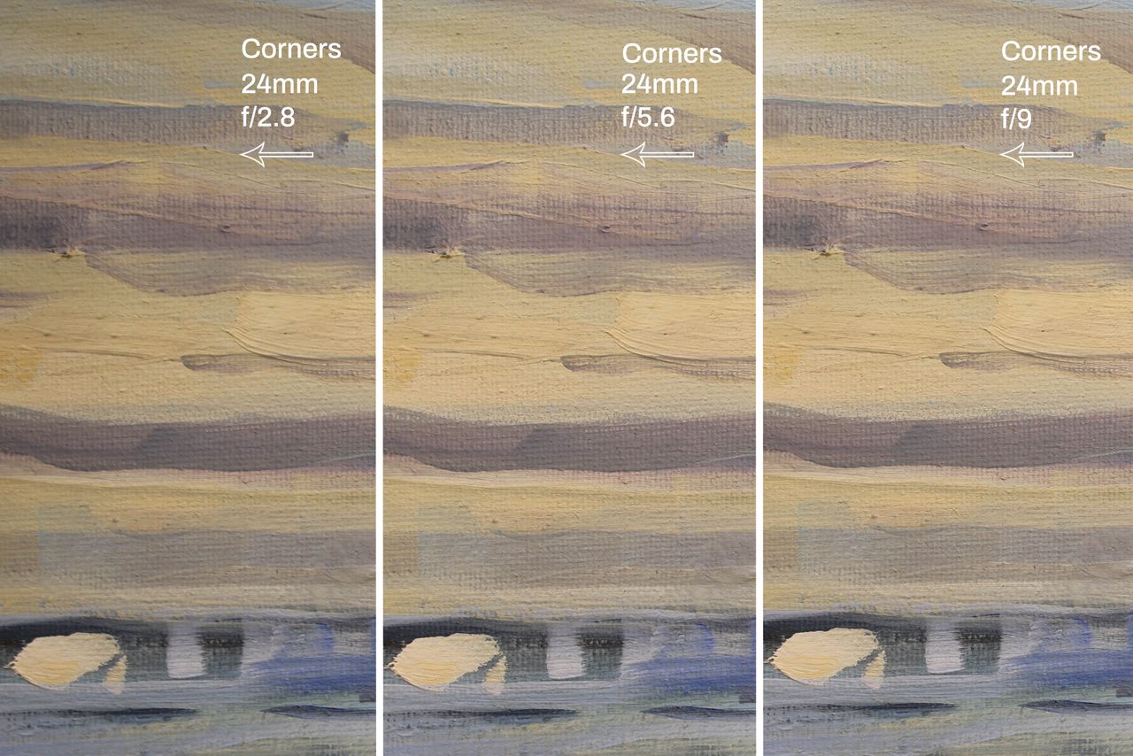 The same image three times in a row shot at different apertures to show the difference in sharpness, each image is labeled with text and an arrow