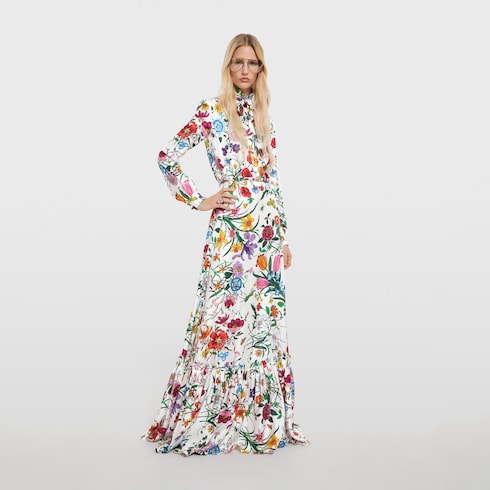 Printed Silk Twill Long Dress