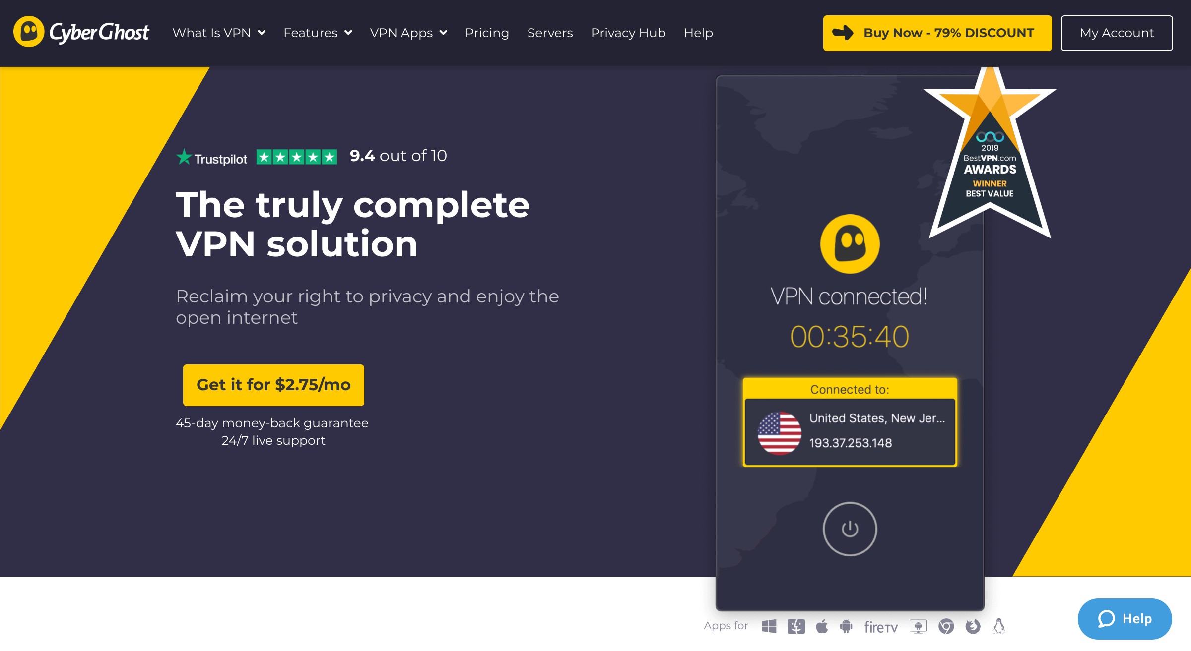 CyberGhost landing page and Android app user interface over black background
