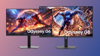 A collage of two Samsung gaming monitors, the Odyssey G6 G60H and Odyssey G8 G80HS