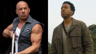 Vin Diesel holding a shotgun and Ludacris looking up with concern in F9, pictured side by side.