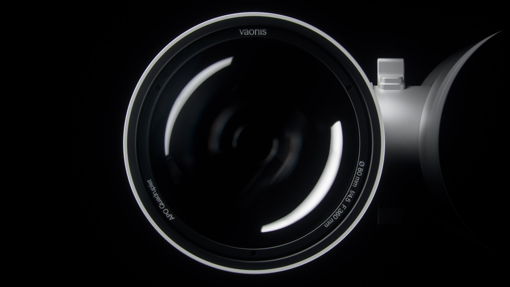 A close-up showing the inside of the Atlas 80 optical tube next to grey main body of the Vaonis Atlas, against a black background.