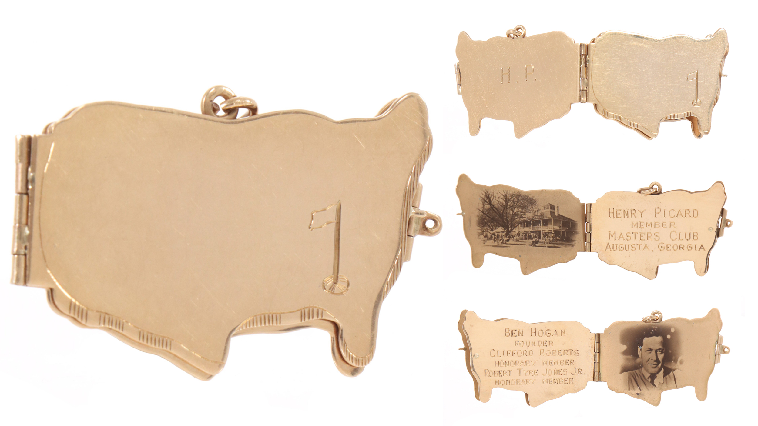 Four images of a Masters gold locket on a white background
