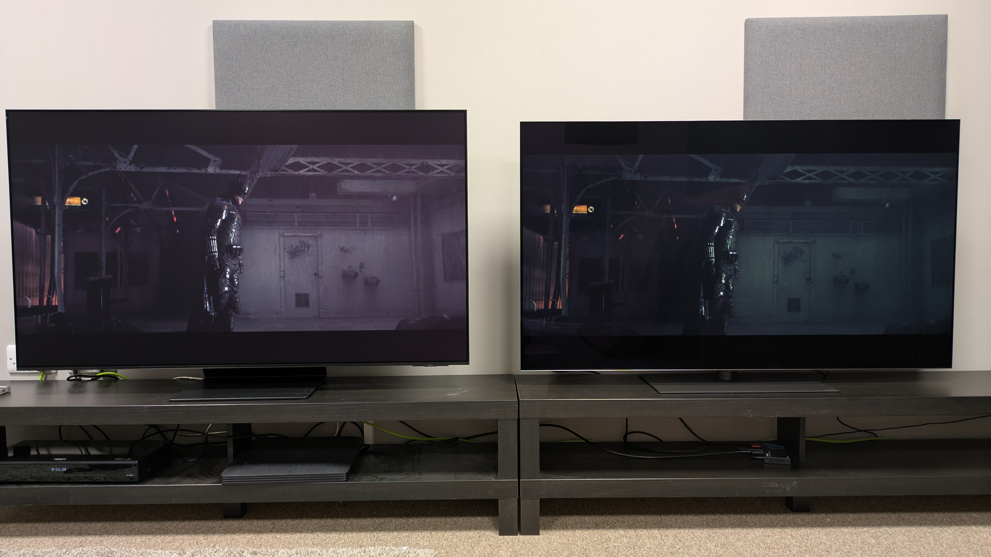 Samsung S95F (left) and LG G5 (right) displaying subway scene from The Batman, both TVs in Movie mode