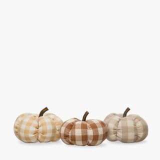 Three plaid fabric pumpkins in different colors from McGee & Co.