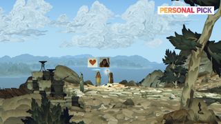 Book of Travels - Two players stand side by side looking over a ridge into a valley. One uses a wave and a heart emote to greet the other.