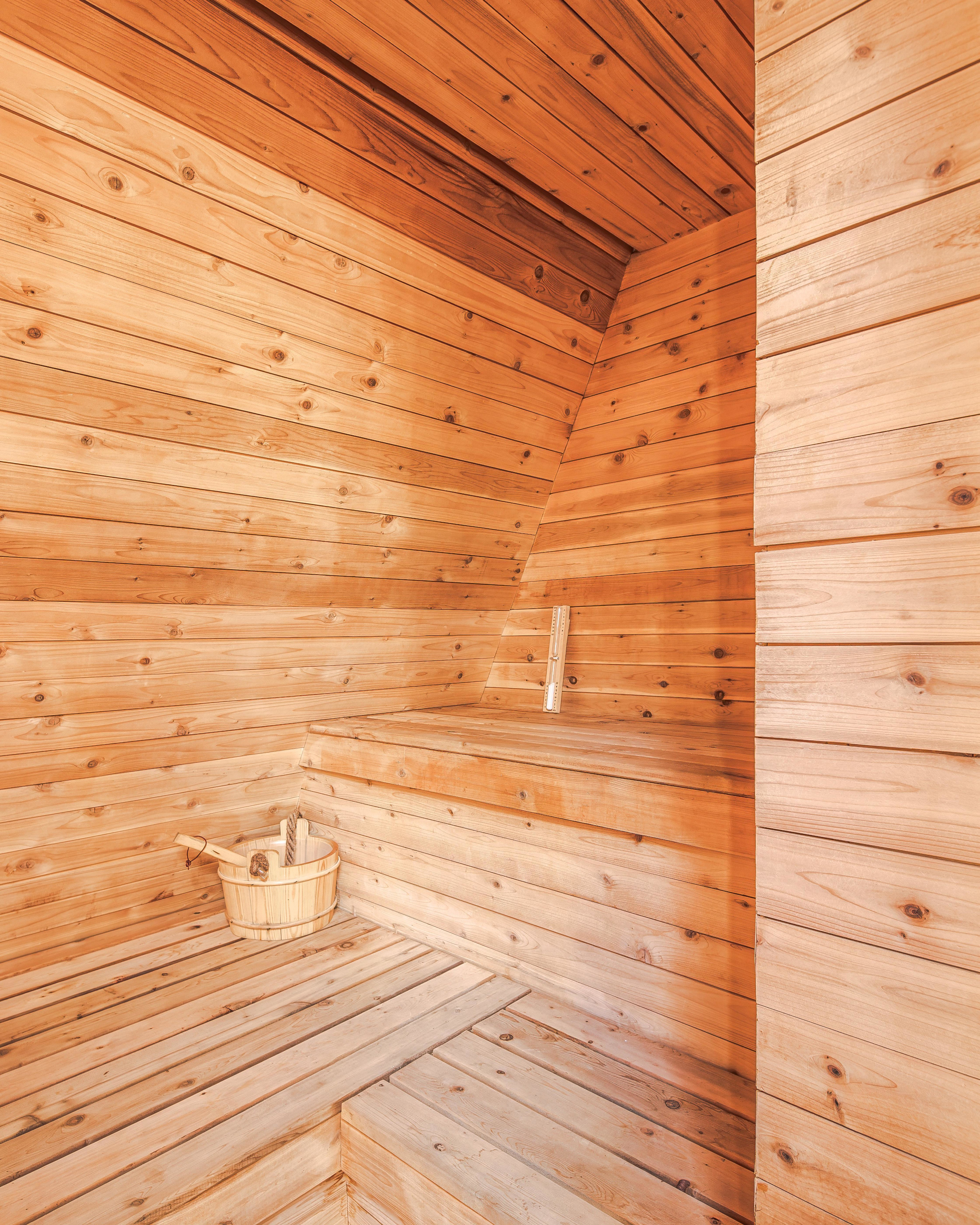 The space includes a sauna